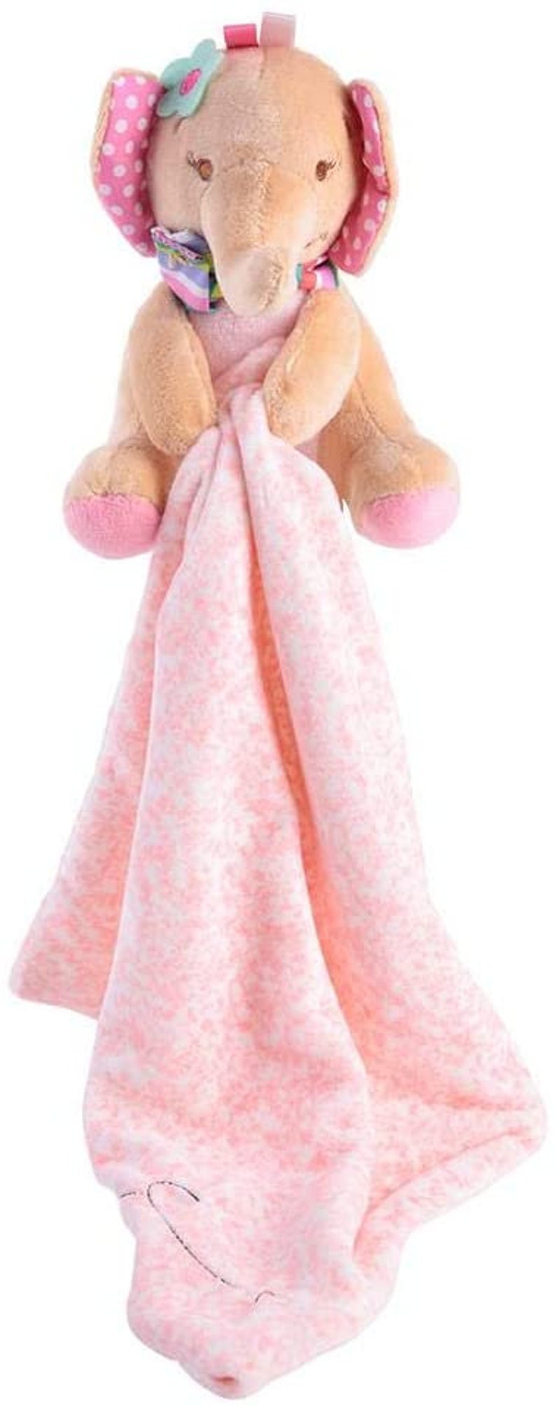 May include: A pink and brown plush elephant toy with a pink and white blanket attached. The elephant has a pink flower on its head and a pink and purple scarf around its neck.