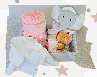 Baby Gift Set: Plush Elephant, Knit Cardigan & Fleece Blanket