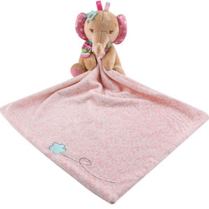 May include: Pink and brown plush elephant with a pink flower on its head, holding a pink and white blanket with a blue flower embroidered on it.