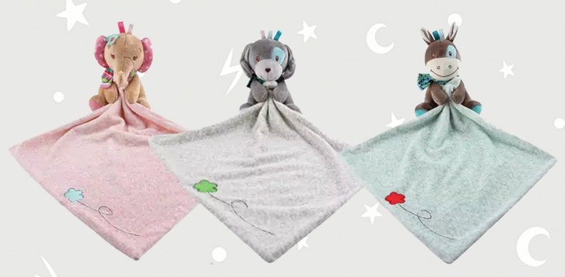May include: Three plush security blankets for babies, each featuring a different animal: an elephant, a dog, and a horse. The blankets are soft and cuddly, with embroidered details.