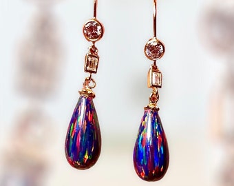 Rainbow Black Opal Teardrops (lab) in classic Art Deco style, in yellow gold-plate. Accented with sparkling square and round brilliant czs.