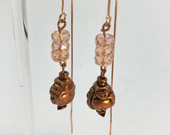 Stylized Copper Ganesha Bead Threader Earrings on Rose Gold Chains