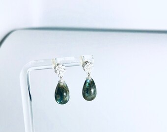 Dainty Labradorite Teardrop Earrings Topped by silver floral-pave cz  Elements