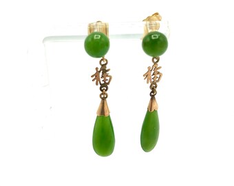 Vintage Natural Green Jade and 14K gold teardrop earrings