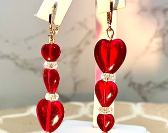 Bright Mismatch Czech Glass Heart and Swarovski Crystal Earrings