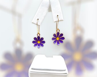 Flower-Power Purple and Yellow Enamel Daisy Drop Earrings