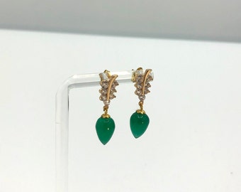 Green Onyx Teardrop/Acorn and Leaf Motif CZ Earrings