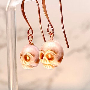 Pink Pearl Carved Skull Drop Earrings image 2