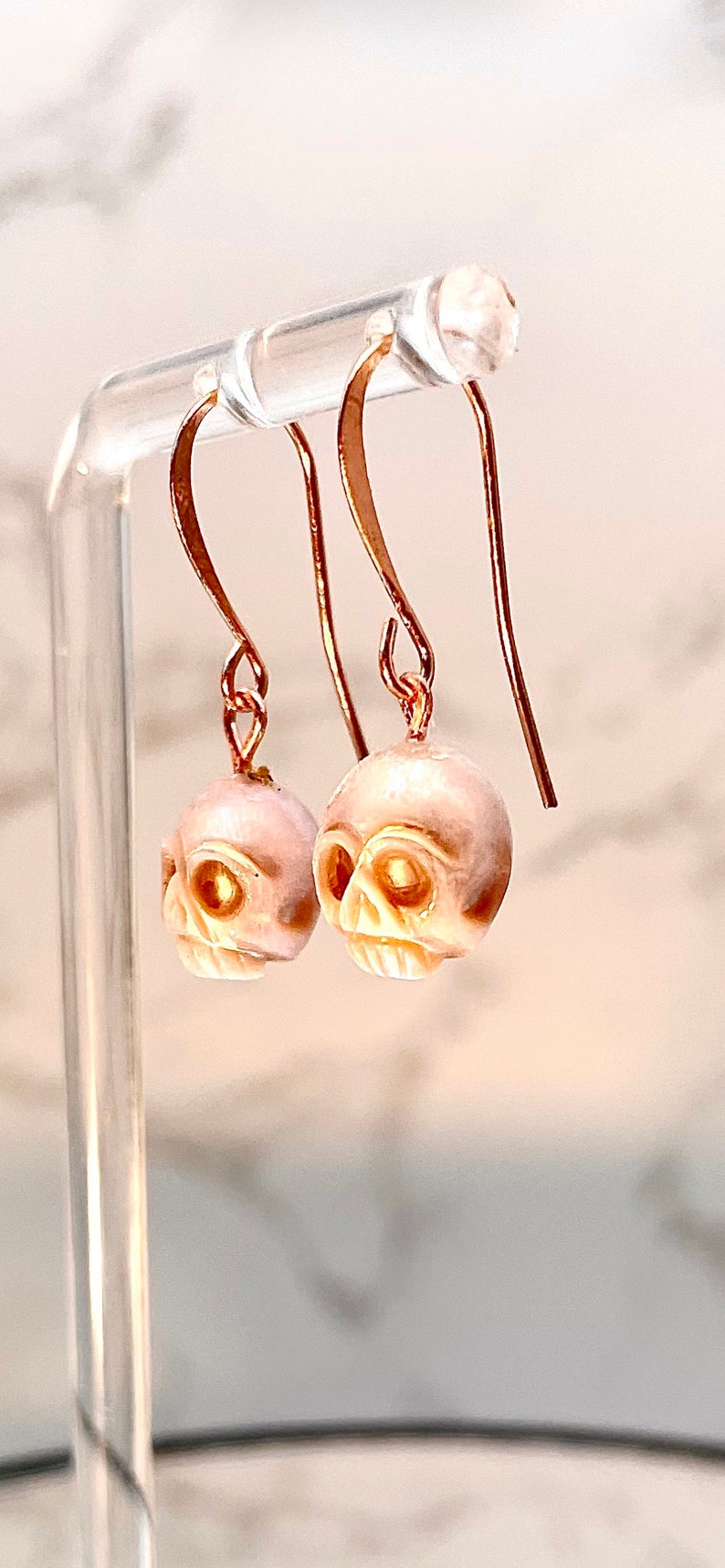 Pink Pearl Carved Skull Drop Earrings image 2