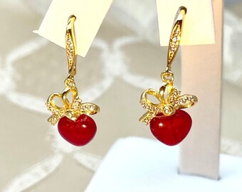 Petite Ruby Red Czech Pressed Glass Heart and pave bow gold plate earrings.