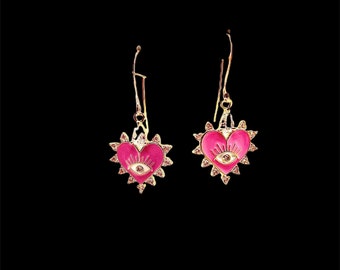 Pink Enamel Heart Evil Eye Drop Earrings with Sparkling CZ Accents