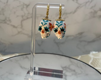 Bold Handpainted Multicolor Ceramic Sugar Skull Earrings