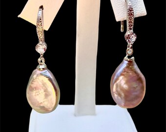 Shimmering Light grey/silvery Baroque Teardrop Coin Pearl Earrings with sparkling cz accents