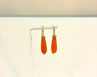 Vivid Dyed Orange Jade Elongated Teardrop Earrings accented with gold fluted earwires