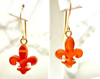 Beautiful Peachy-Orange Resin Fleur de Lis Drop Earrings, on sleek 14k Gold-Plated Earwires