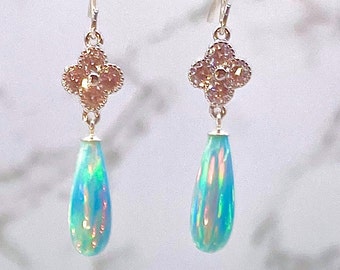 Ethereal Seafoam Green Slender Teardrop Opal Earrings with Sparkling Alhambra CZ Accents