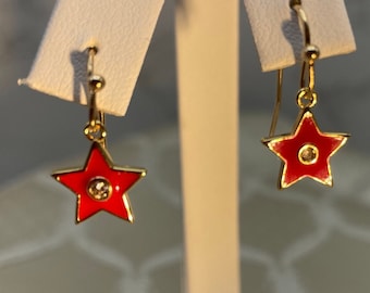 Petite Red Enamel and Sparkly Cz Star Earrings