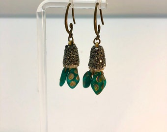 Emerald Green Iridescent Czech Bead and Marcasite Earrings