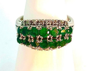 Lush Emerald and Diamond Half Band Ring in 18k White Gold with Filigree Gallery
