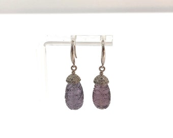 Art Deco Style Carved Amethyst Quartz and Pave CZ Drop Earrings