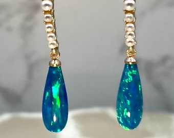 Scintillating Intense Blue-Green Opal Teardrop Earrings, accented by lustrous, creamy Faux Pearls, all set in heavy yellow-gold plate.