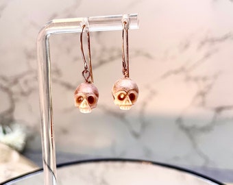 Pink Pearl Carved Skull Drop Earrings