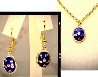 Blue Enamel Celestial Earring and Necklace Talisman Charm Set