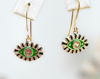 Evil Eye Green White and Black Enamel Charm Talisman Earrings, accented with a sparkling crystal.