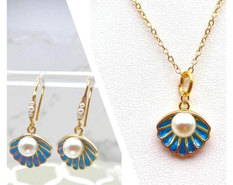 Mediterranean Blue Enamel and Faux Pearl Earring and Necklace Set