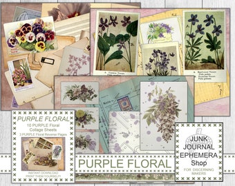 Purple Floral Collage Pages Junk Journal Kit, Purple Flowers, Shabby Purple, Purple Collage Papers, Reverse Pages, Vintage Ephemera