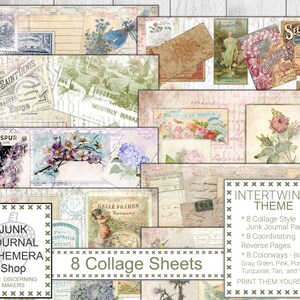 Shabby Chic Collage Pages Printable, Color Themed Junk Journal Kit, Reverse Backgrounds, Vintage Ephemera Papers, Pink Blue Green Purple