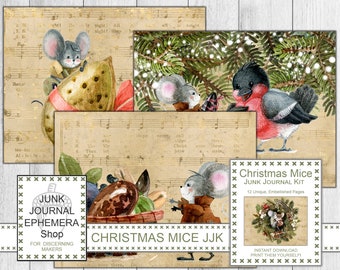 Christmas Mice Junk Journal Kit, Christmas Gift, Shabby Red, Shabby Green, Christmas Gifts, Music Ephemera