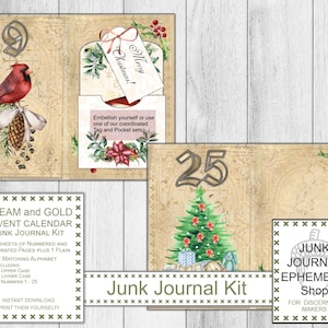 Cream and Gold Advent Calendar Junk Journal Kit, Christmas, Holiday Gift Kit, DIY Christmas Calendar, Digital Download, Junk Journal Shop