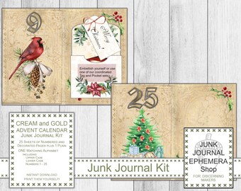 Cream and Gold Advent Calendar Junk Journal Kit, Christmas, Holiday Gift Kit, DIY Christmas Calendar, Digital Download, Junk Journal Shop