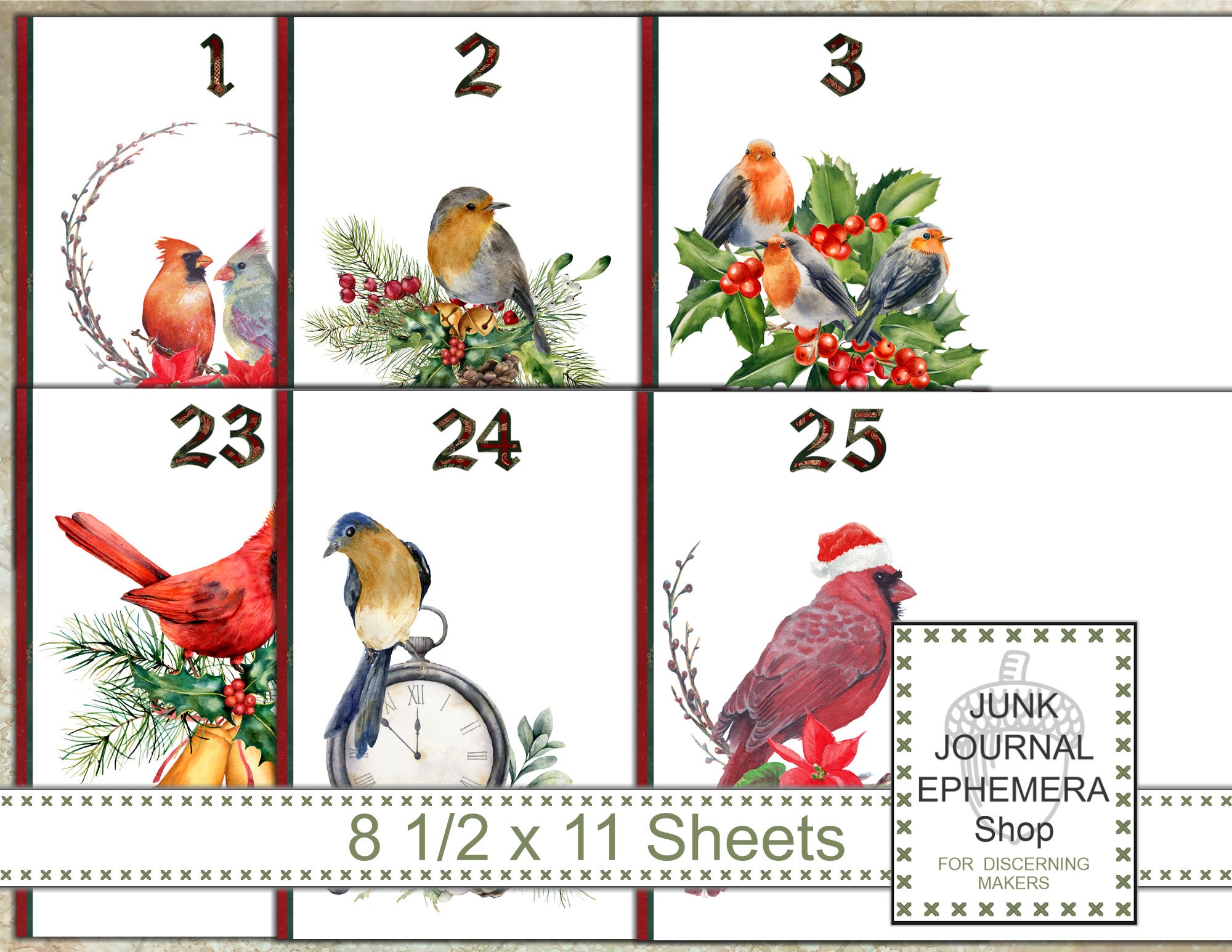 Christmas Birds Advent Calendar Junk Journal Kit Etsy