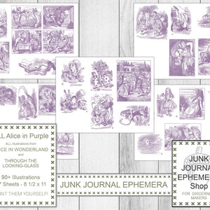 Shabby Lavender Alice in Wonderland Through the Looking-Glass, All Illustrations 1865, Purple, Alice Tea Party, Junk Journal Ephemera Shop