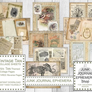 Shabby Beige Themed Collage Junk Journal Kit, Vintage Beige Rückseiten, Vögel, Grunge Scrapbook, Junk Journal Ephemera Shop, Vintage