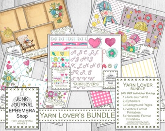Yarn Lover Bundle, Junk Journal Kit, Portrait Format, Landscape Format, Printable Papers, Background Papers, Ephemera Sheets