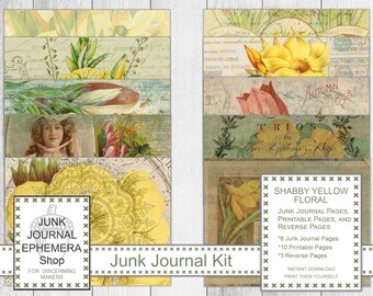 May include: A digital printable junk journal kit with a shabby yellow floral theme. The kit includes 8 junk journal pages, 10 printable pages, and 3 reverse pages. The kit is for instant download and can be printed at home.