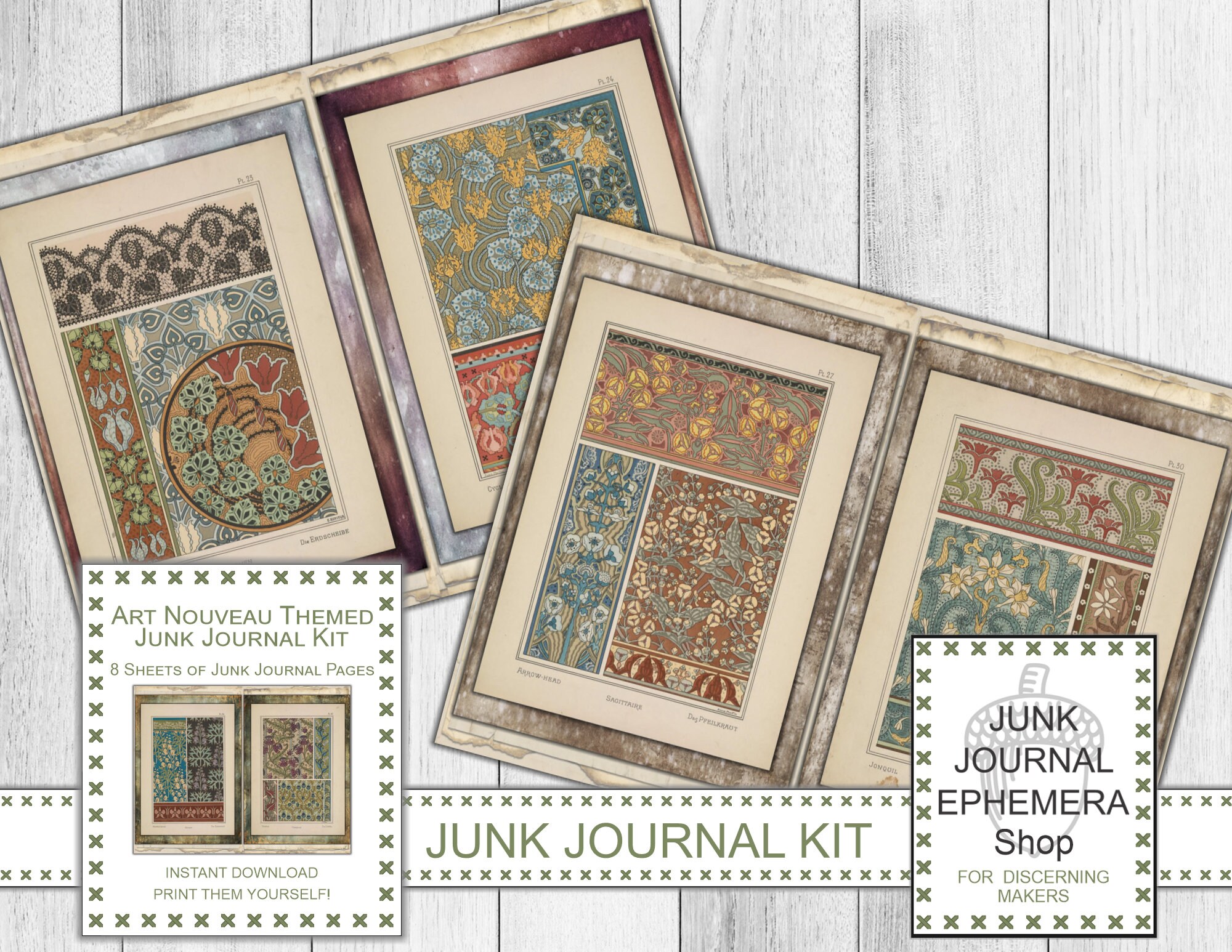 Art Nouveau Junk Journal Kit, Vintage Ephemera, Vintage Floral, Vintage