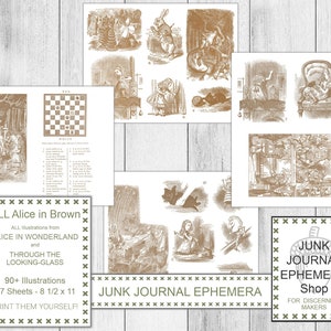 Shabby Beige Alice im Wunderland durch den Spiegel, Alle Illustrationen 1865, Sepia, Alice Tea Party, Junk Journal Ephemera Shop