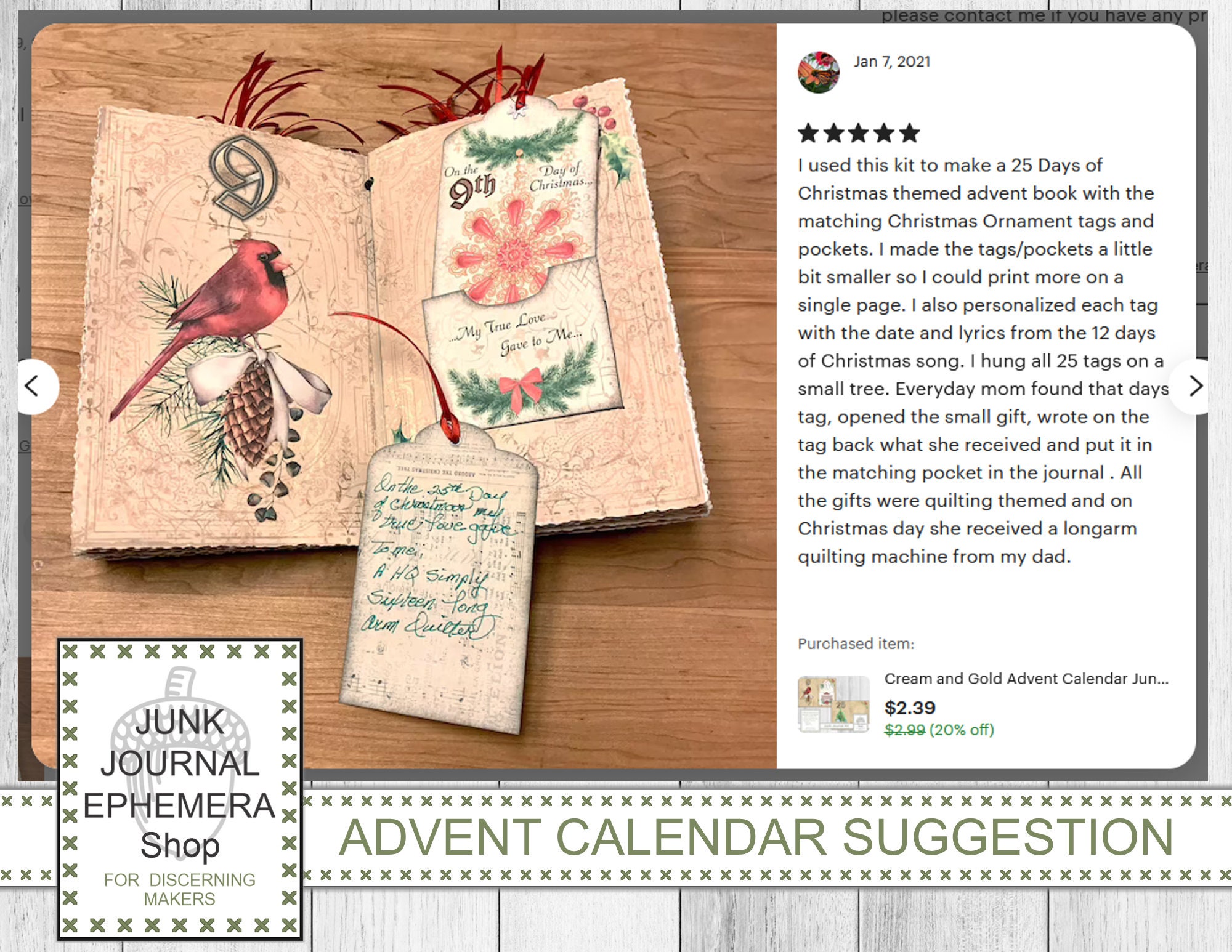 Christmas Birds Advent Calendar Tags and Pockets Etsy