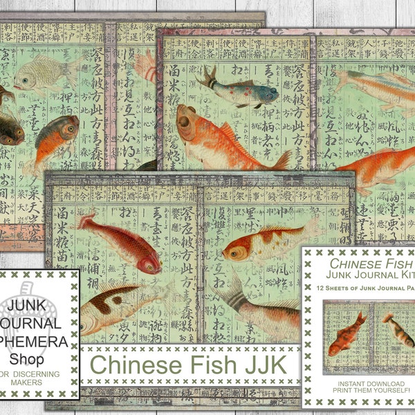 Asian Woodblock Chinese Fish Paintings Junk Journal Kit, Japanese Ephemera, Chinese Ephemera, Oriental Art