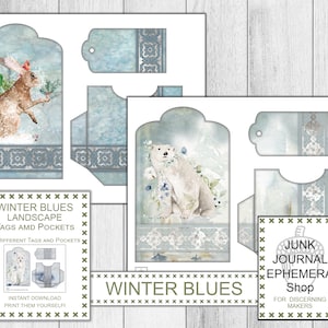 Könnte beinhalten: Druckbare Winter-Landschafts-Etiketten und -Taschen mit einem blauen und weißen Aquarellhintergrund. Die Etiketten zeigen ein Kaninchen und einen Eisbären in einer verschneiten Landschaft. Der Text "Winter Blues Landscape Tags and Pockets" ist oben auf der Seite gedruckt. Der Text "Junk Journal Ephemera Shop for Discerning Makers" ist unten auf der Seite gedruckt.