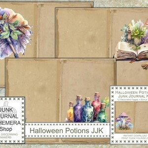 May include: A digital printable junk journal kit with 12 decorated pages and a bonus page. The kit features a Halloween theme with images of potions, mushrooms, and a book. The text on the page reads "Halloween Potions Junk Journal Kit".