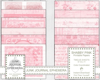 May include: Twelve printable digital papers in a pink and white color scheme with a shabby chic aesthetic. The papers feature a variety of textures and patterns, including floral designs, vintage text, and music notes. The papers are 8.5 inches by 11 inches and are perfect for scrapbooking, card making, and other paper crafts.
