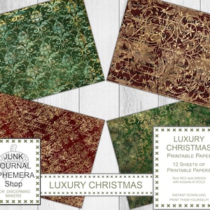Luxury Christmas Printable Papers in Red and Green with Gold, Junk Journal Kit, Christmas Gift