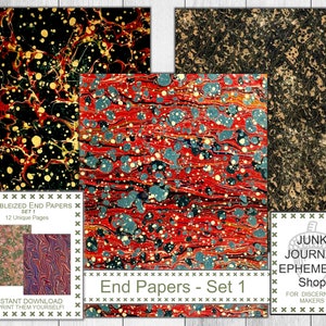 May include: A digital download of 12 unique marbled end papers in a set of red, blue, and gold colors. The end papers are perfect for adding a touch of vintage style to journals, planners, and other paper crafts. The text on the image reads "Marbled End Papers Set 1 12 Unique Pages" and "Junk Journal Ephemera Shop For Discerning Makers".
