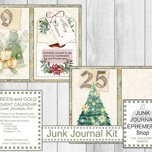Kit de diario basura del calendario de Adviento verde y dorado, kit de regalo navideño de Navidad, calendario de Navidad de bricolaje, descarga digital, tienda de diario basura