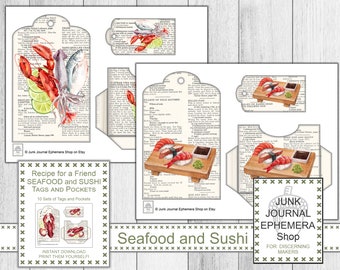 Recipe for a Friend Seafood Sushi Tags and Pockets, Recipe Cards, Vintage Cookbook